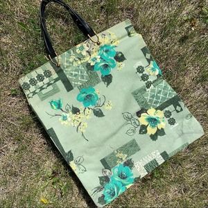 Cottagecore vintage fabric shopping bag green Floral Yellow Teal Roses